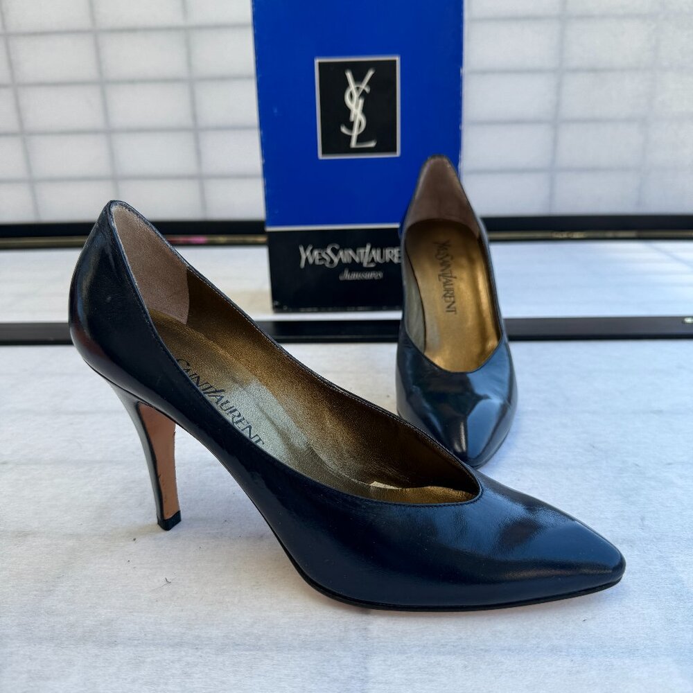 YVES SAINT LAURENT YSL Pump Heel 7N Dress Shoes Vintage Navy Blue Stiletto 90s